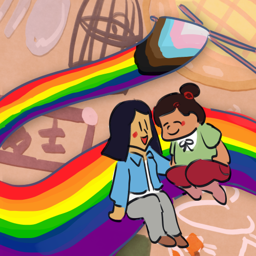 a long pride flag is being held up by a pair of chopsticks, emulating a strand of flat noodles. on one end of it are the two characters of macaroni soup, the lady and waitress cuddling up to each other in casual date outfits. the background is depicting traditional elements of hong kong cafes, such as milk tea cups and pineapple buns and birdcages.